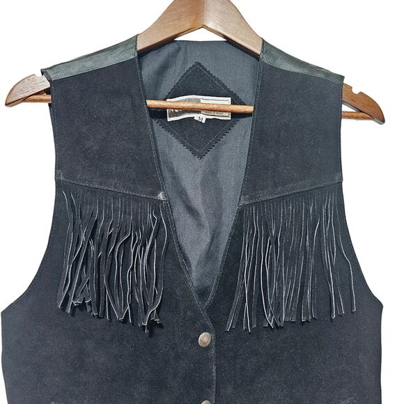 Mona Mode Black Leather Fringe Vest Size M Vintage Circa 1980 Biker Western Boho - Picture 2 of 6